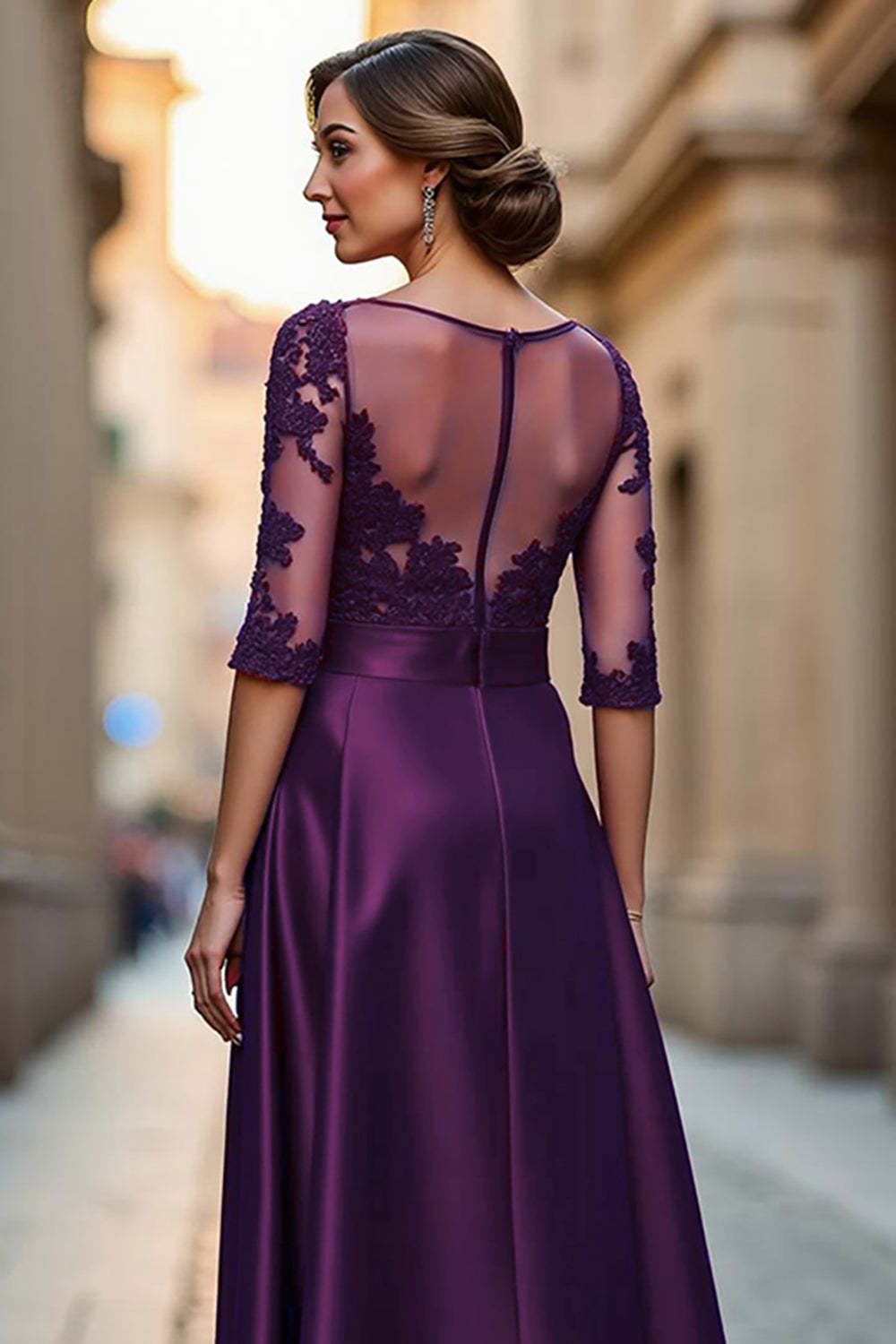 Satin A Line Dark Red Illusion Neck Mother of the Bride Dress with Appliques