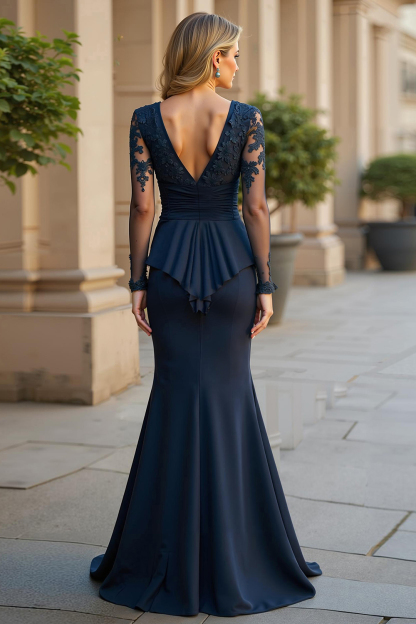 Mermaid Navy V-Neck Ruched Maxi Mother of the Bride Dress with Appliques