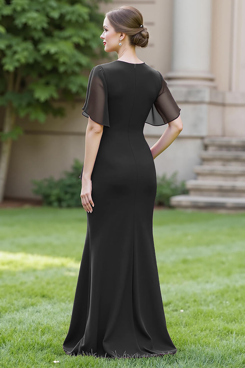 Black Sheath Ruched Round Neck Maxi Mother of the Bride Dress with Drape