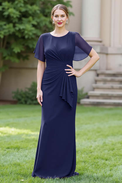 Black Sheath Ruched Round Neck Maxi Mother of the Bride Dress with Drape
