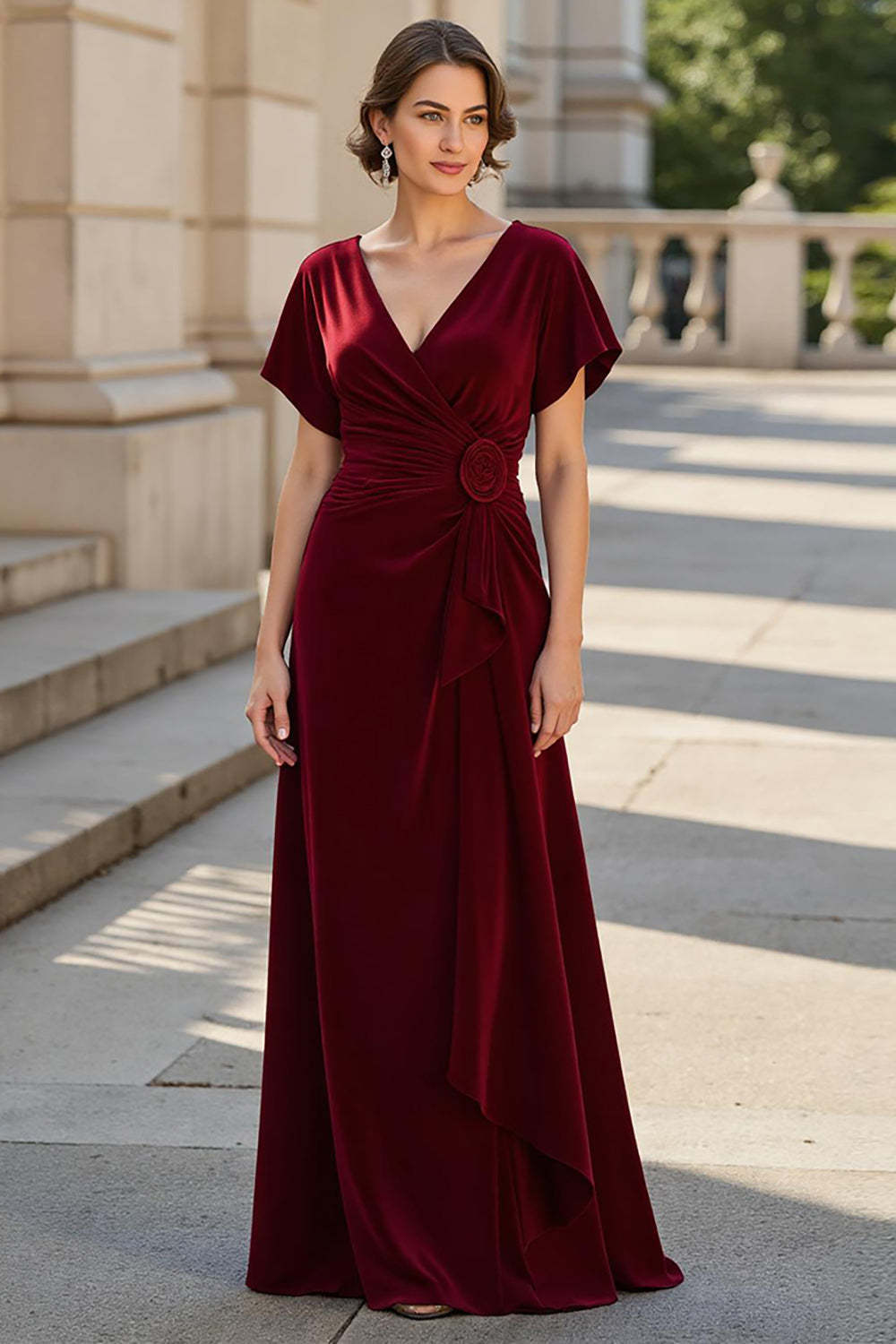 Leely Women Burgundy Maxi Satin Mother of the Bride Dress Short Sleeves A Line V-Neck Ruched Wedding Guest Dress