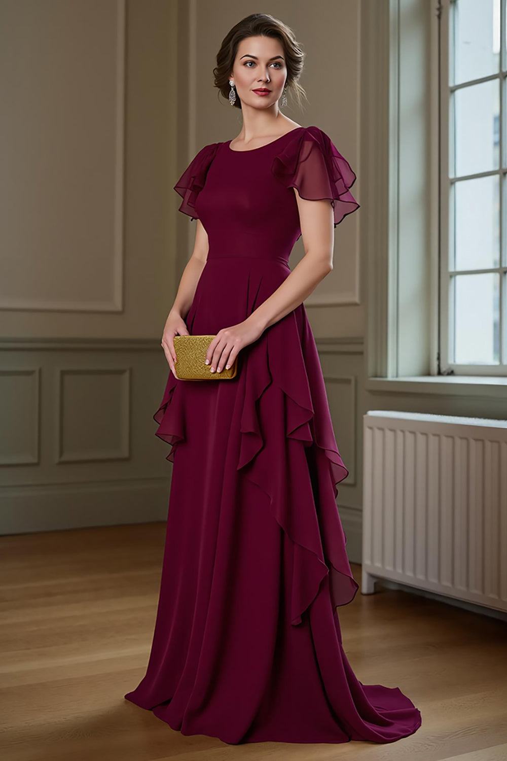 Leely Women Burgundy Maxi Chiffon Mother of the Bride Dress Flutter Sleeves A Line Ruffled Formal Dress