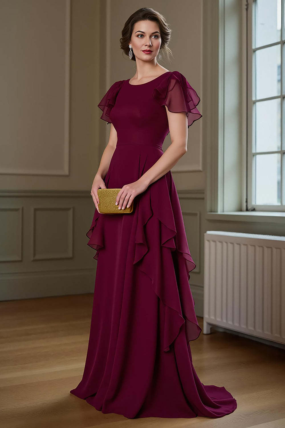 Leely Women Burgundy Maxi Chiffon Mother of the Bride Dress Flutter Sleeves A Line Ruffled Formal Dress