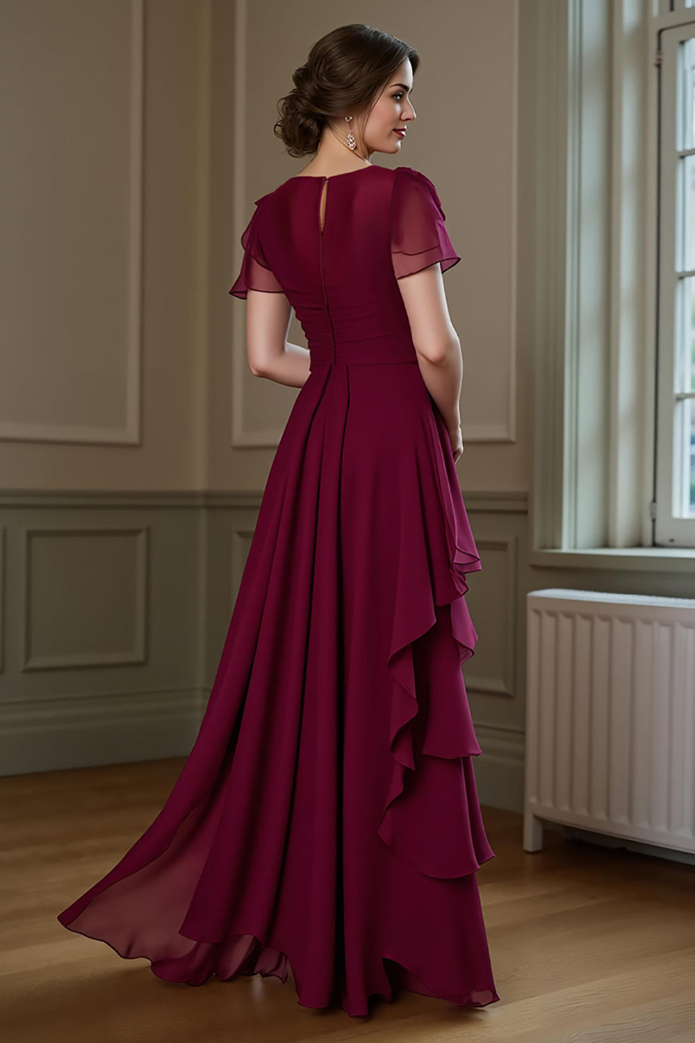 Chiffon Burgundy A Line Ruffled Round Neck Maxi Mother of the Bride Dress