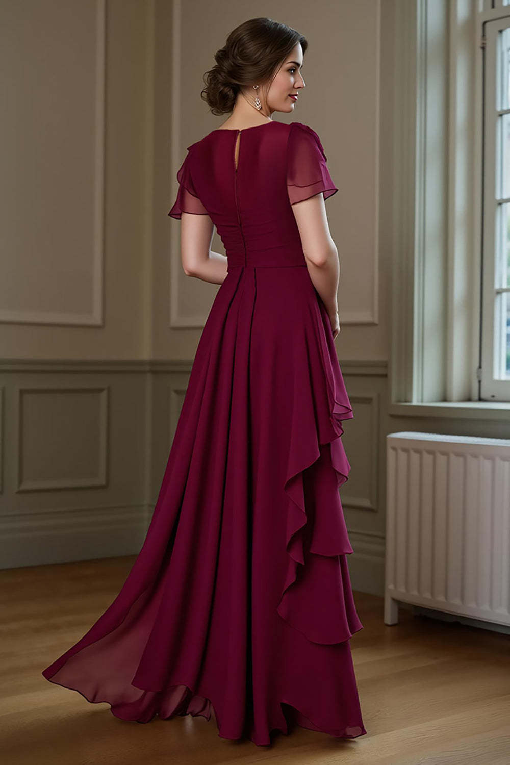 Chiffon Burgundy A Line Ruffled Round Neck Maxi Mother of the Bride Dress