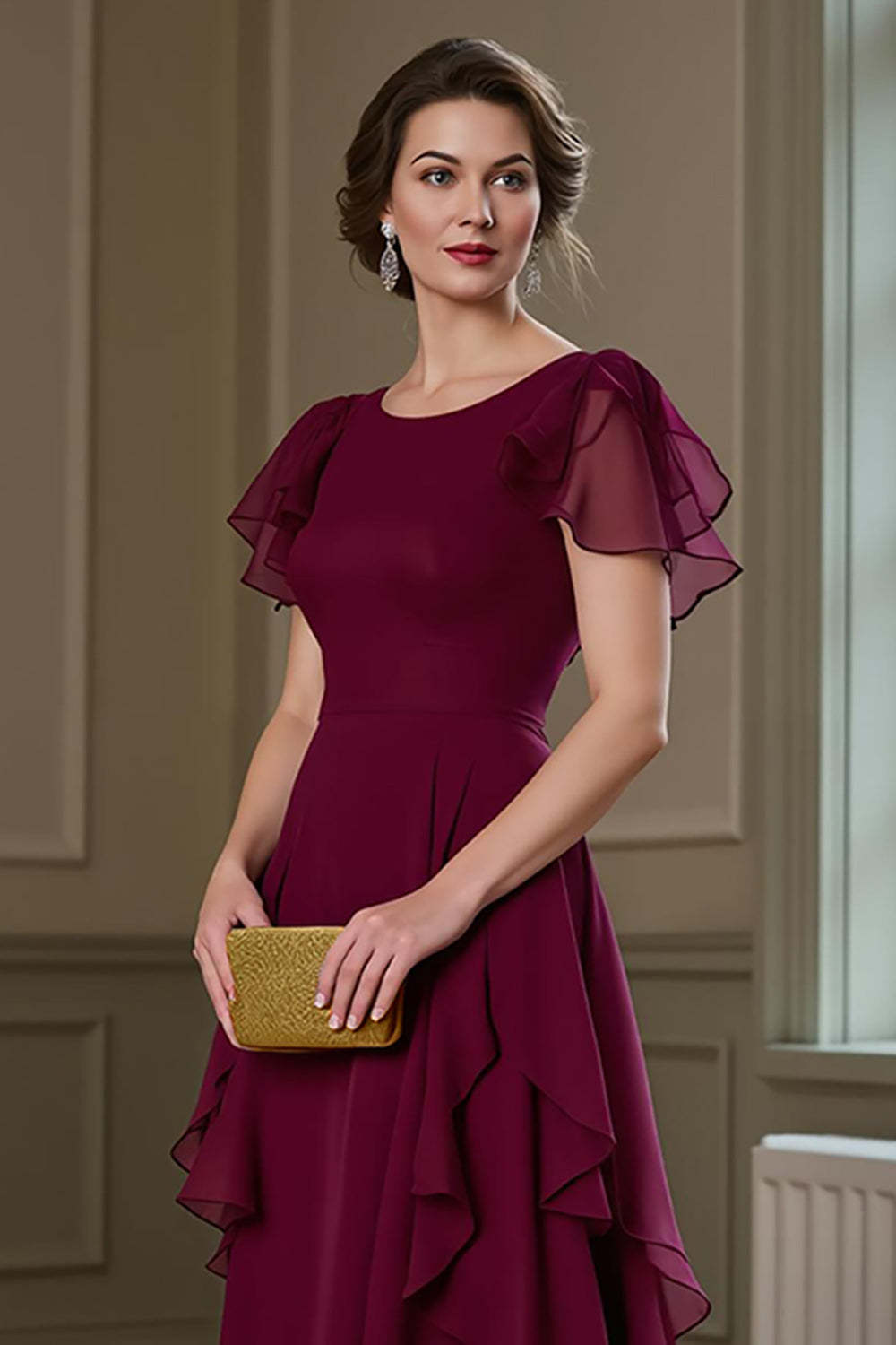 Chiffon Burgundy A Line Ruffled Round Neck Maxi Mother of the Bride Dress