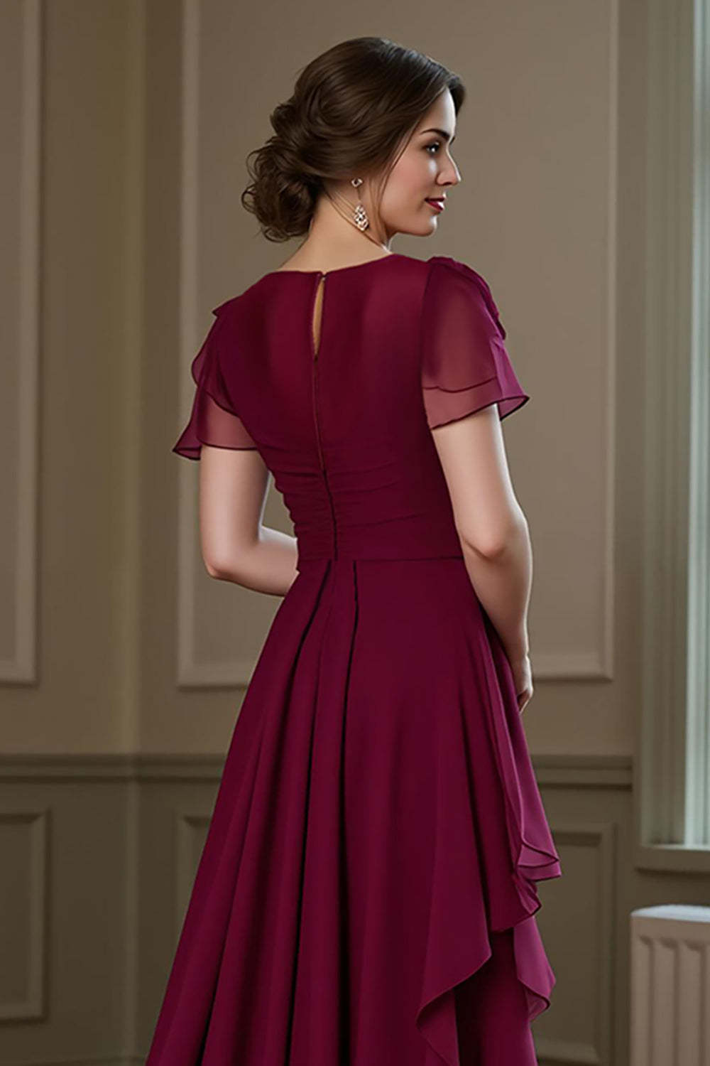 Chiffon Burgundy A Line Ruffled Round Neck Maxi Mother of the Bride Dress