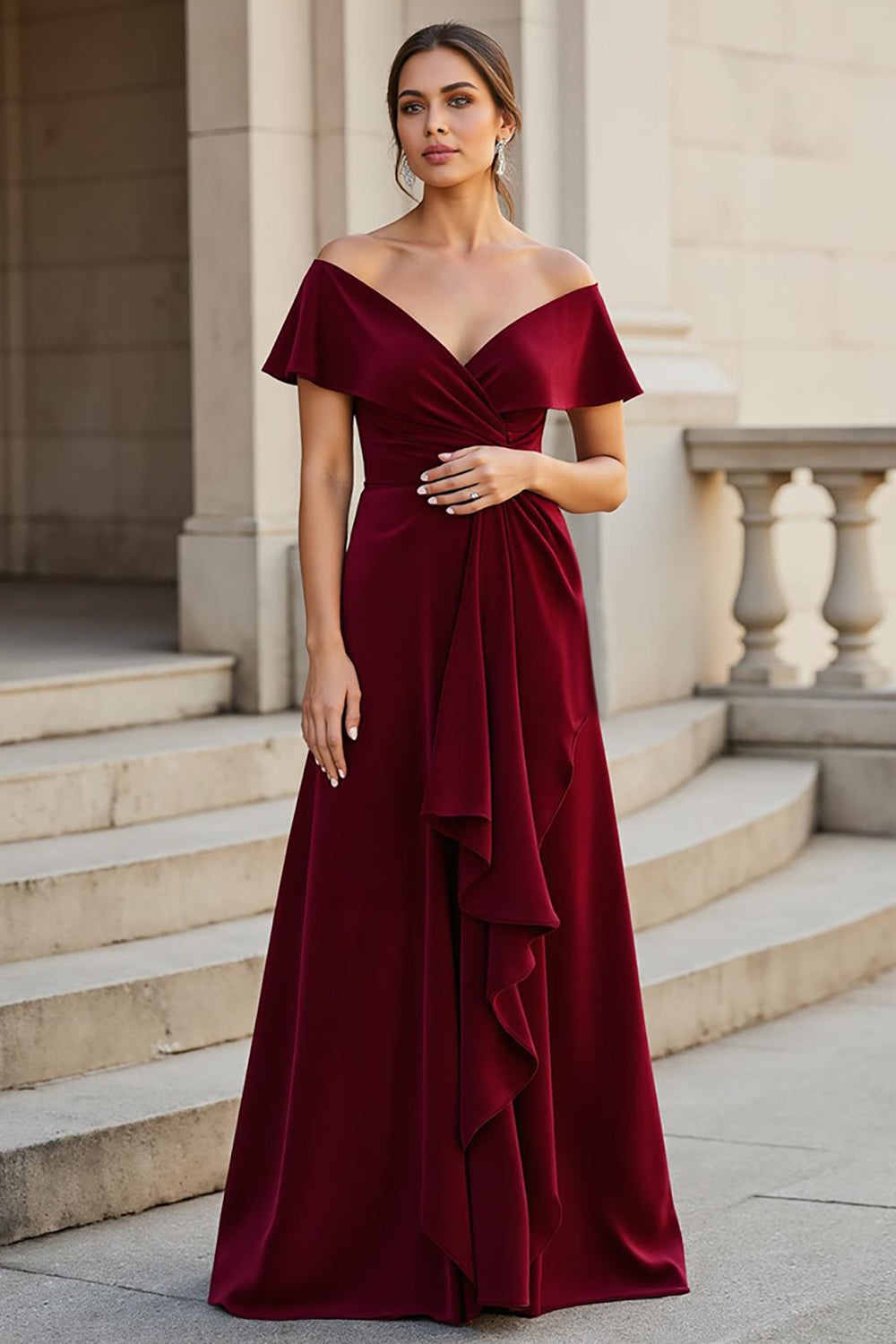 Leely Women Burgundy A Line Maxi Mother of the Bride Dress with Ruffles V-Neck Satin Formal Dress