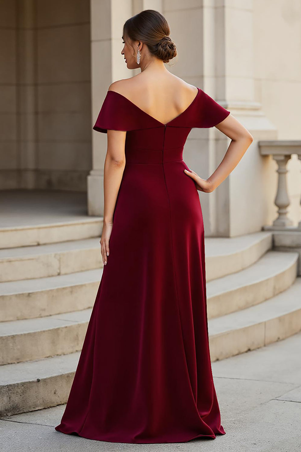 A Line Maxi Burgundy V-Neck Satin Mother of the Bride Dress with Ruffles