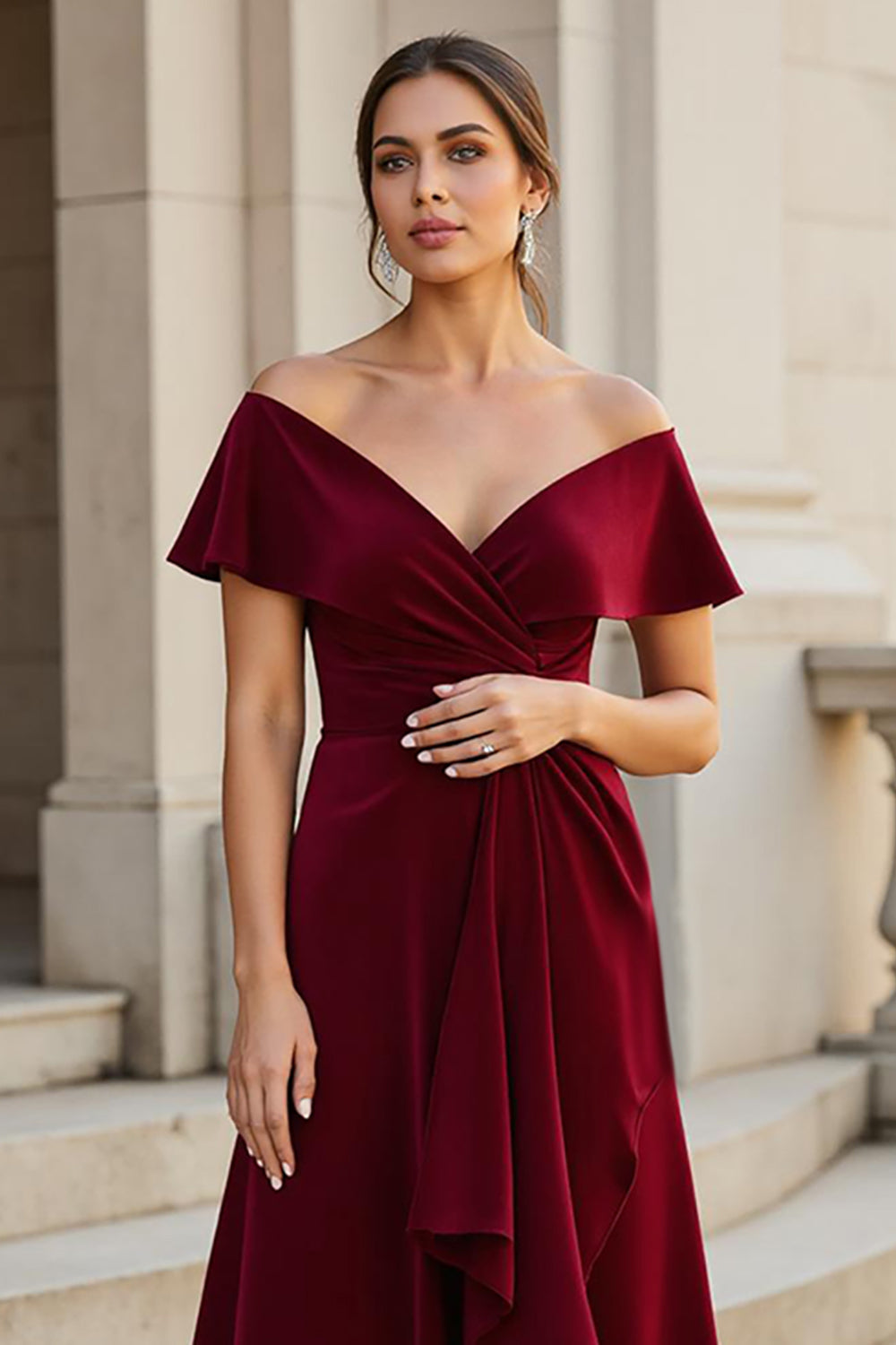 A Line Maxi Burgundy V-Neck Satin Mother of the Bride Dress with Ruffles