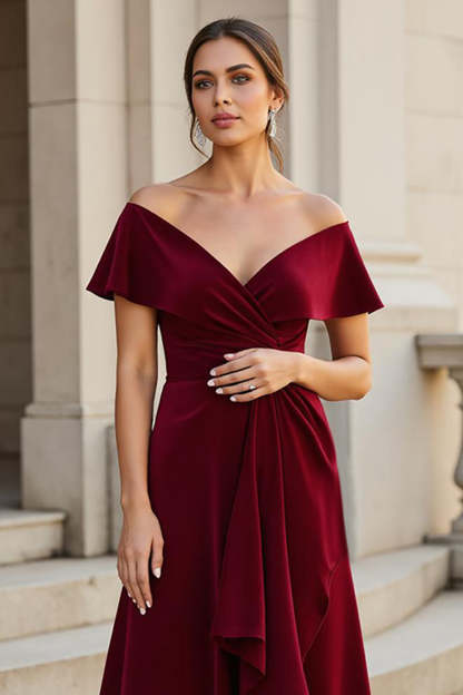A Line Maxi Burgundy V-Neck Satin Mother of the Bride Dress with Ruffles