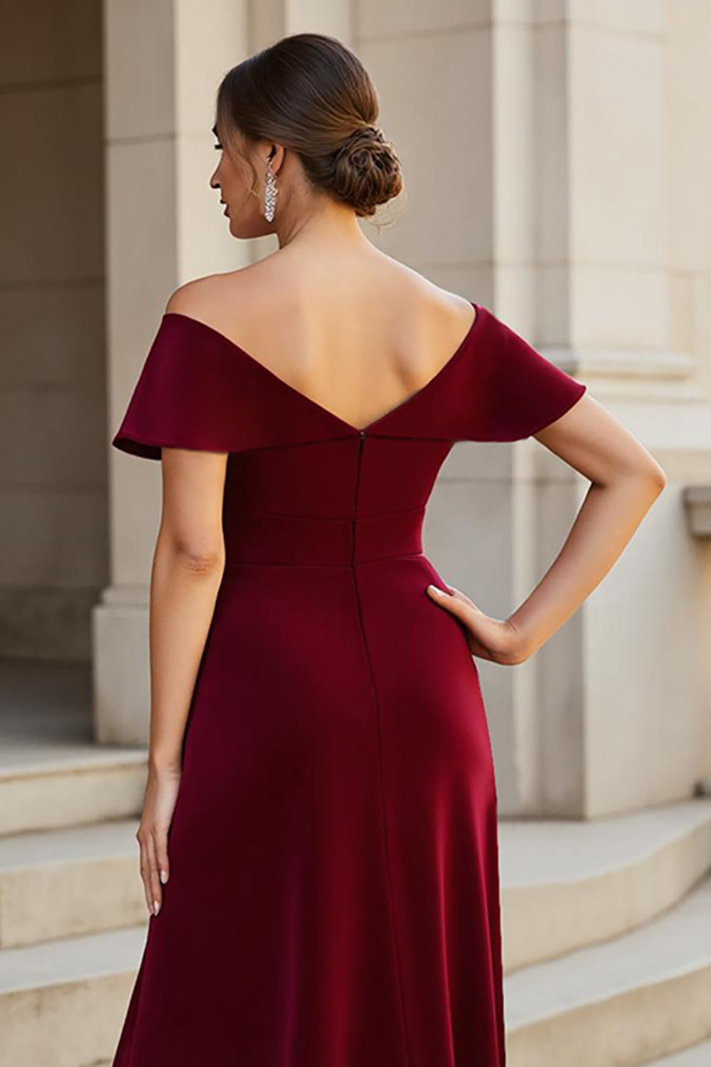 A Line Maxi Burgundy V-Neck Satin Mother of the Bride Dress with Ruffles