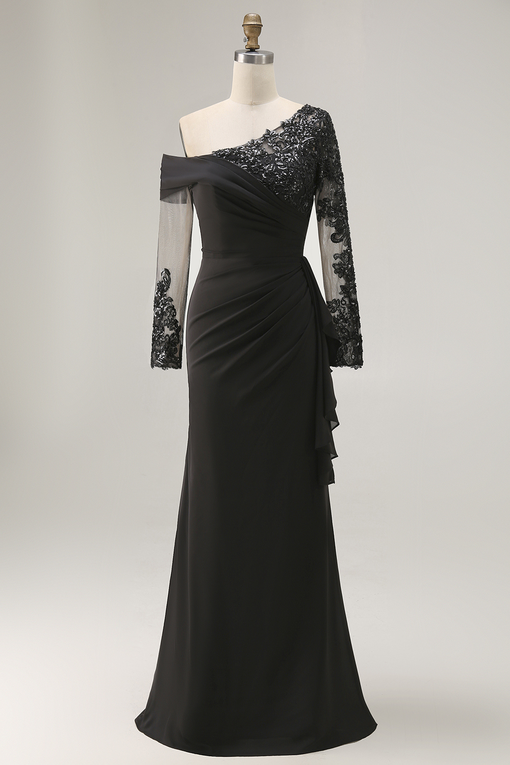 Black Sheath One Shoulder Long Sleeves Appliqued Mother of the Bride Dress