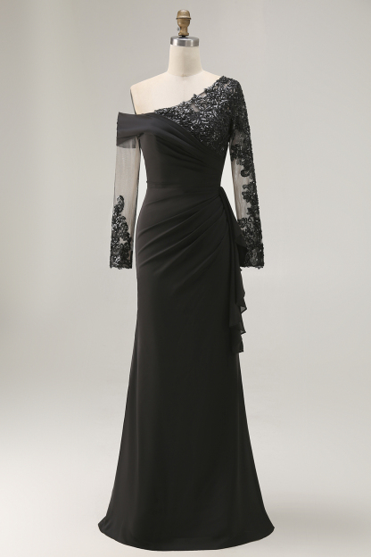 Black Sheath One Shoulder Long Sleeves Appliqued Mother of the Bride Dress