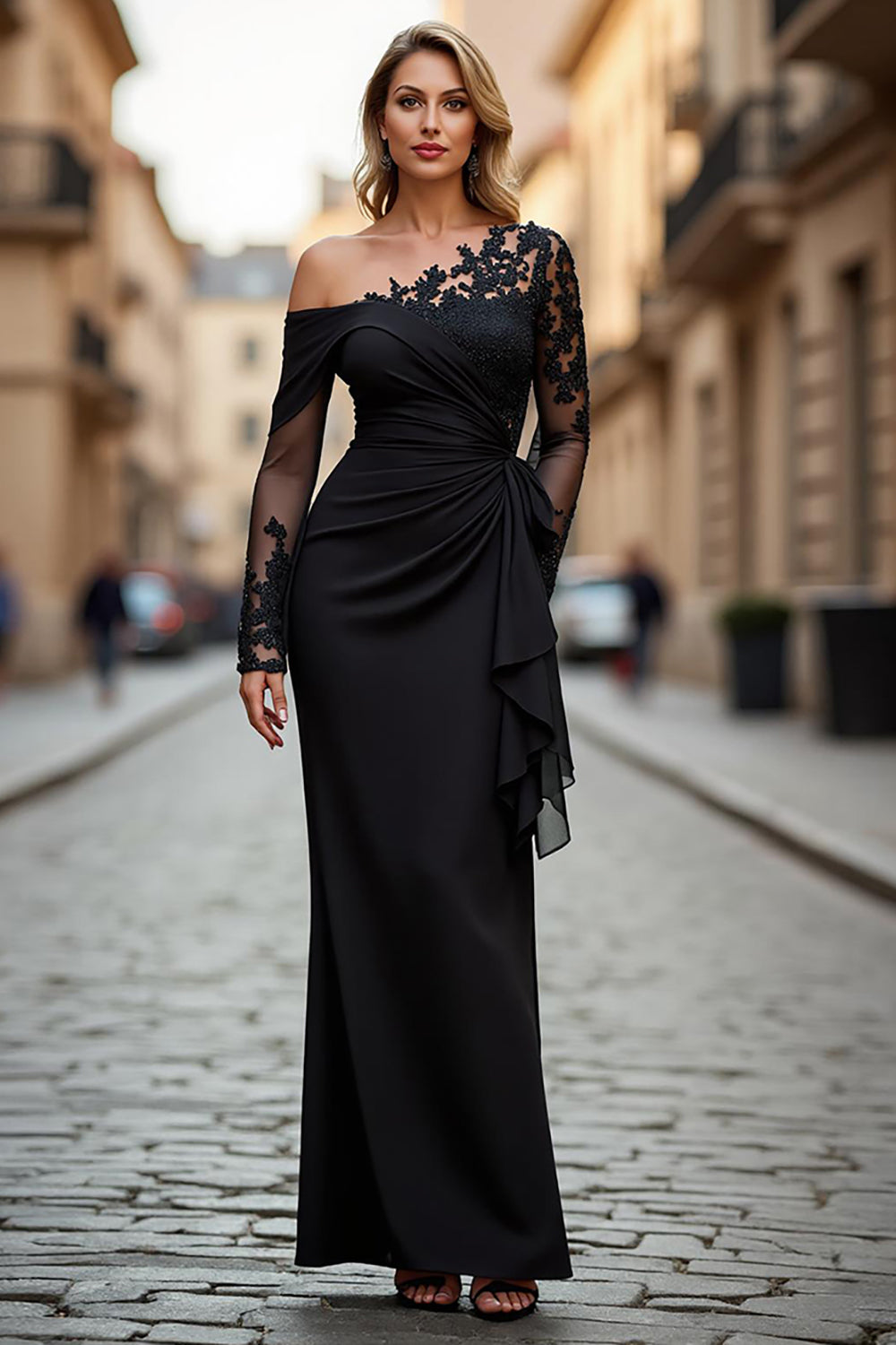 Black Sheath One Shoulder Long Sleeves Appliqued Mother of the Bride Dress