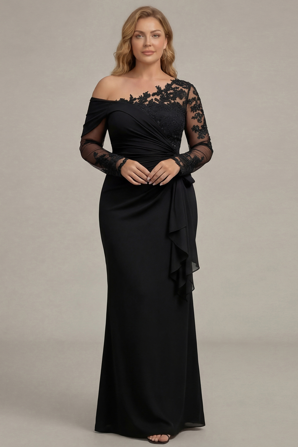 Sparkly Black Sheath Plus Size One Shoulder Long Sleeves Mother of the Bride Dress