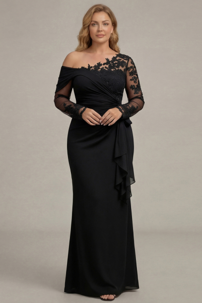 Sparkly Black Sheath Plus Size One Shoulder Long Sleeves Mother of the Bride Dress