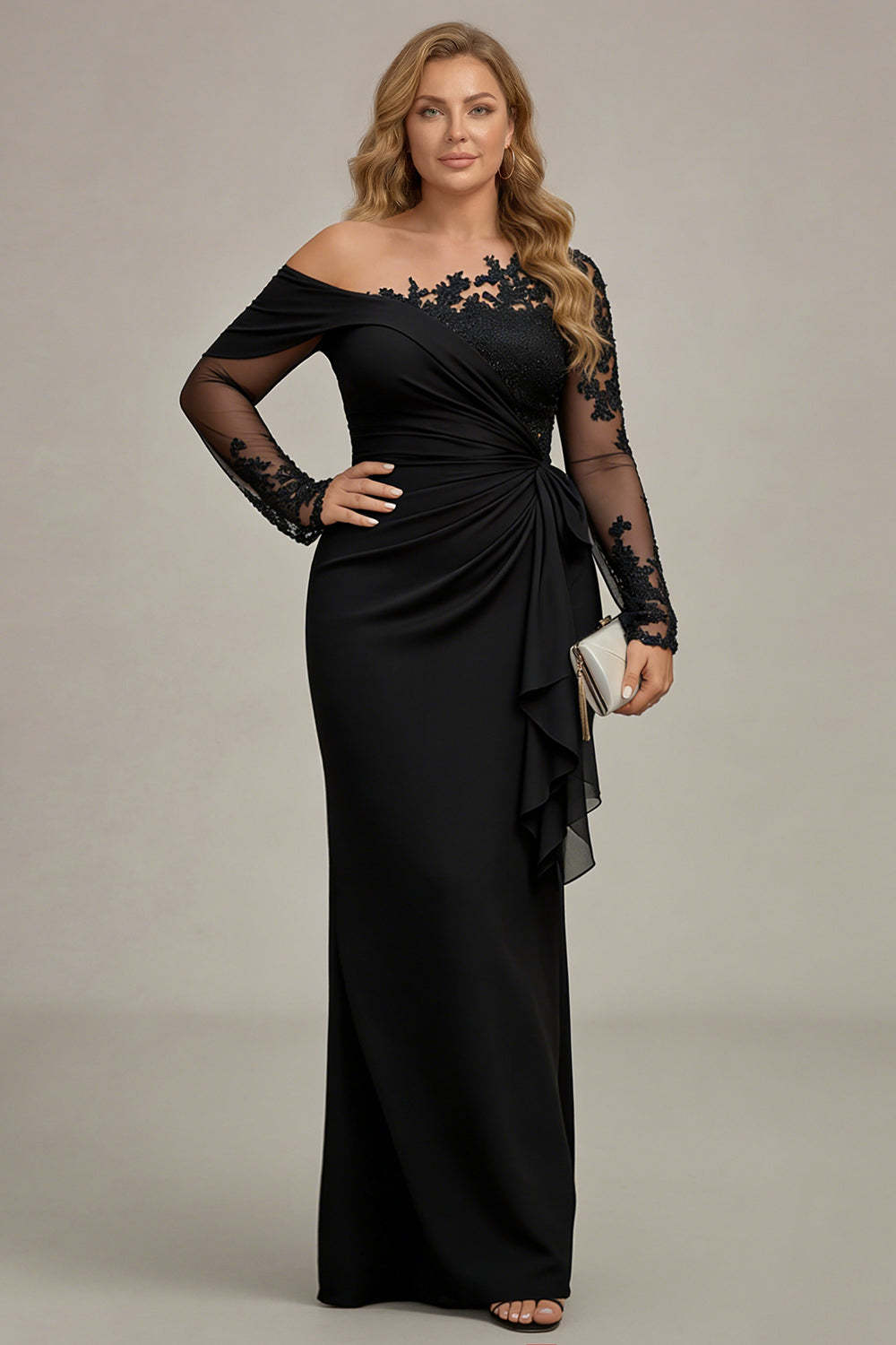 Sparkly Black Sheath Plus Size One Shoulder Long Sleeves Mother of the Bride Dress
