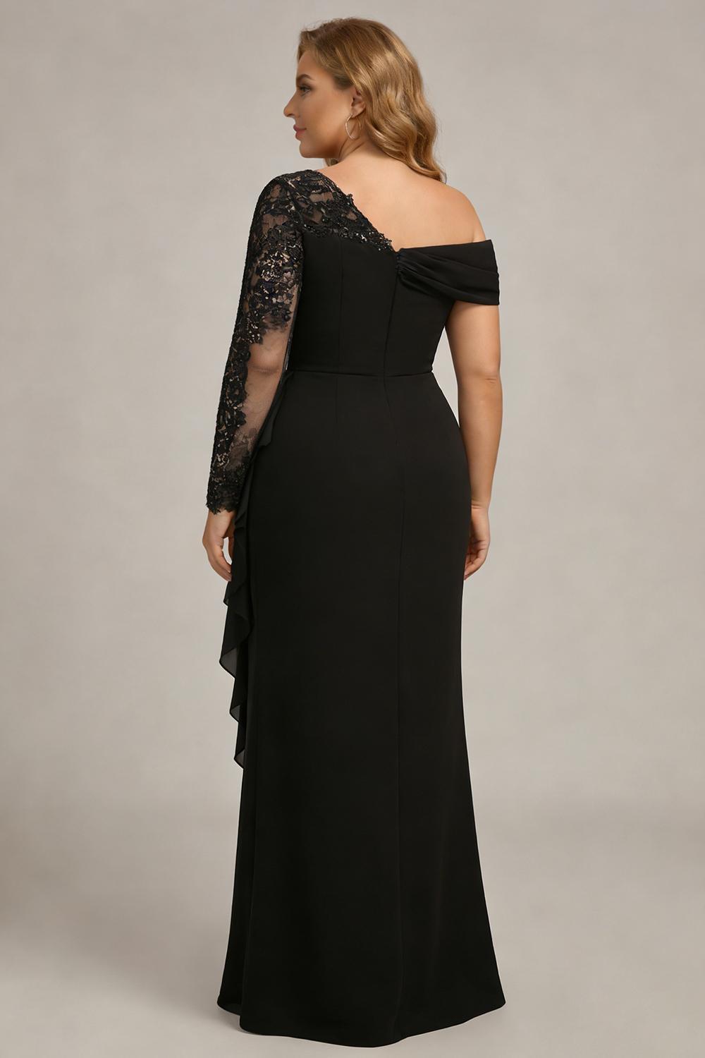 Sparkly Black Sheath Plus Size One Shoulder Long Sleeves Mother of the Bride Dress