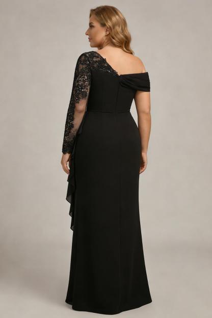 Sparkly Black Sheath Plus Size One Shoulder Long Sleeves Mother of the Bride Dress