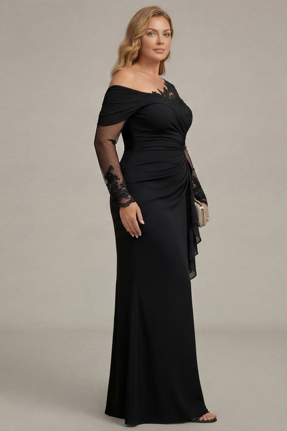 Sparkly Black Sheath Plus Size One Shoulder Long Sleeves Mother of the Bride Dress