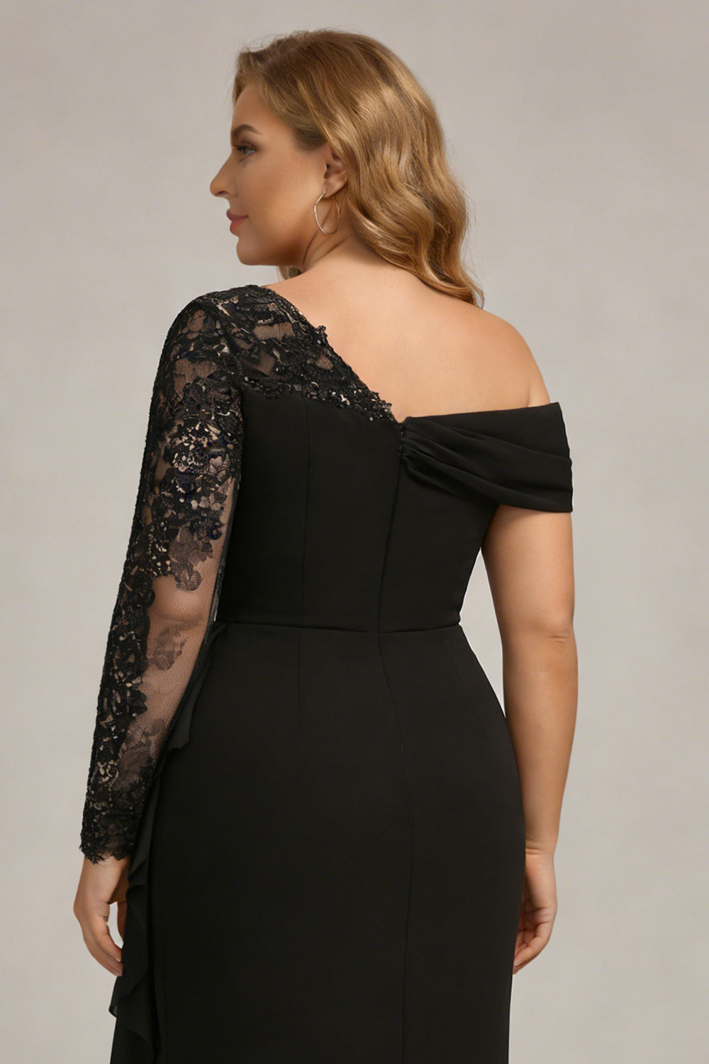 Sparkly Black Sheath Plus Size One Shoulder Long Sleeves Mother of the Bride Dress