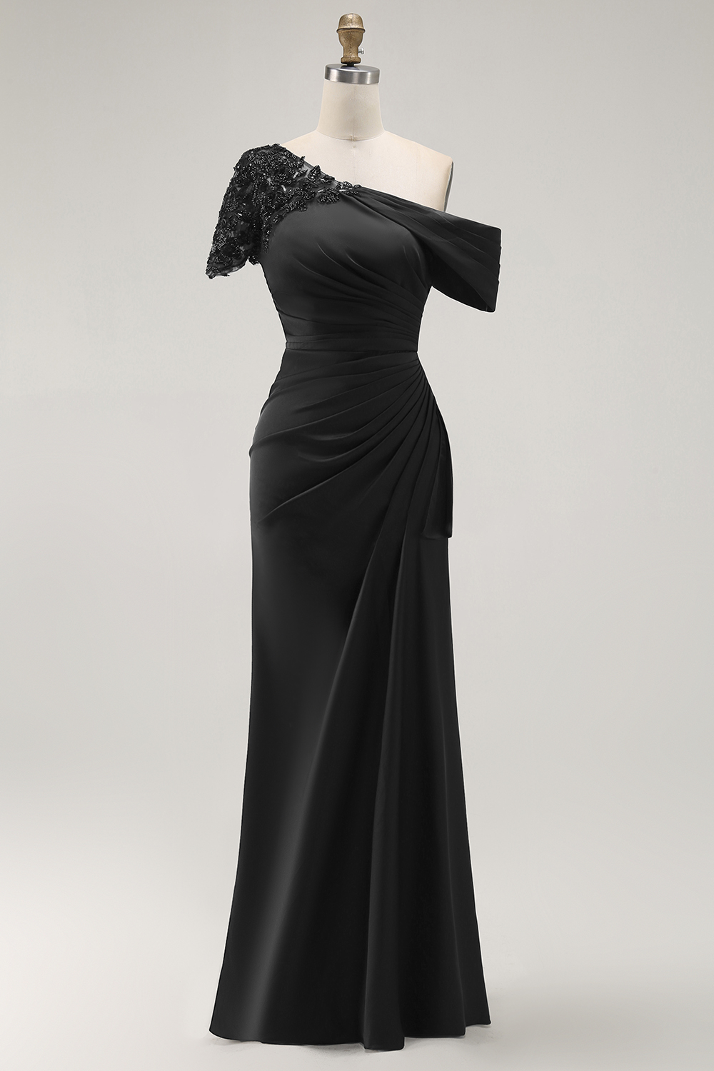 Maxi Black Sheath One Shoulder Ruched Mother of the Bride Dress with Appliques