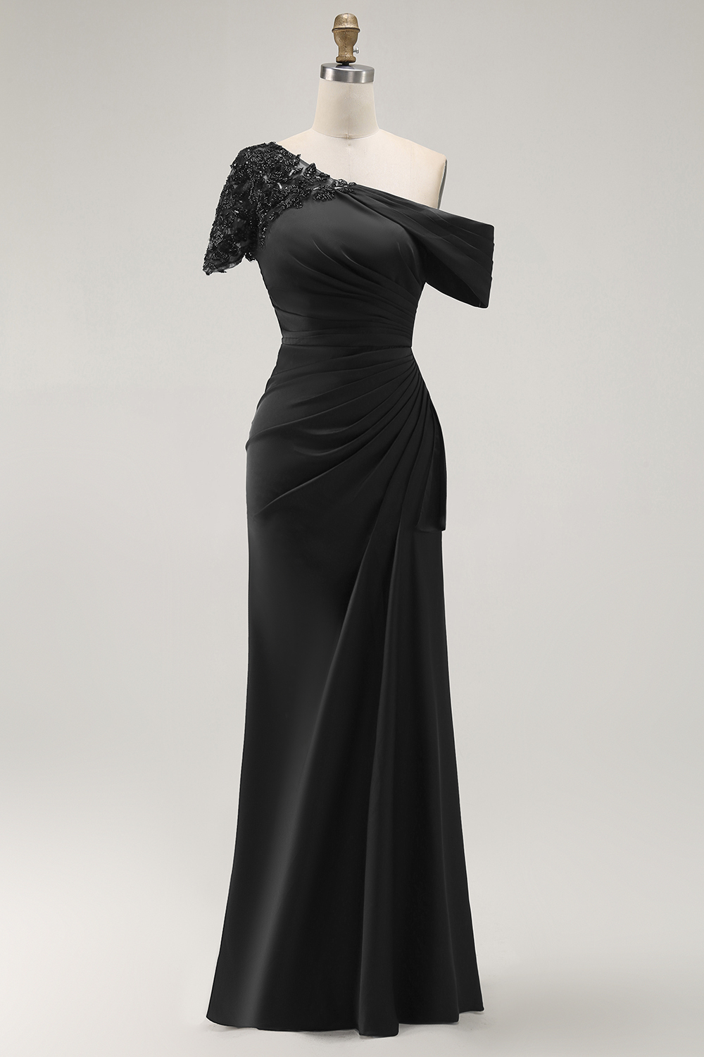 Maxi Black Sheath One Shoulder Ruched Mother of the Bride Dress with Appliques