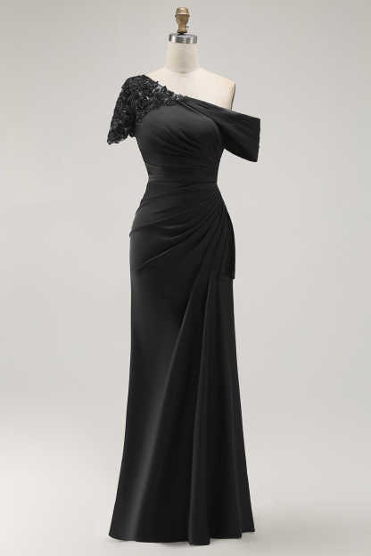 Maxi Black Sheath One Shoulder Ruched Mother of the Bride Dress with Appliques