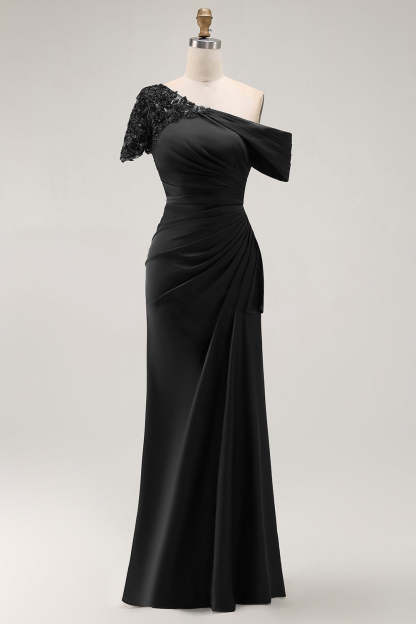 Plus Size Black Sheath One Shoulder Maxi Mother of the Bride Dress with Sequins