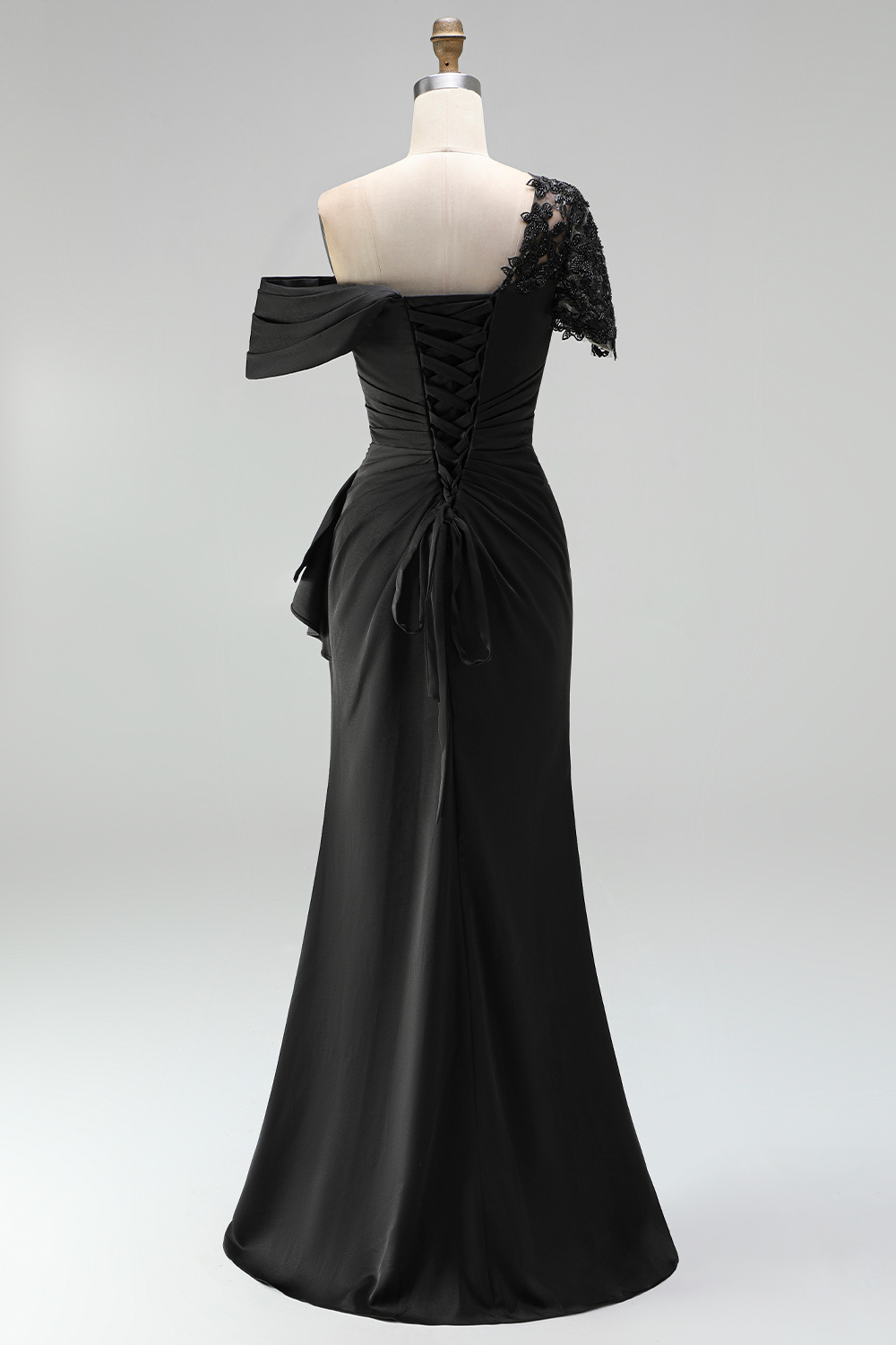 Maxi Black Sheath One Shoulder Ruched Mother of the Bride Dress with Appliques