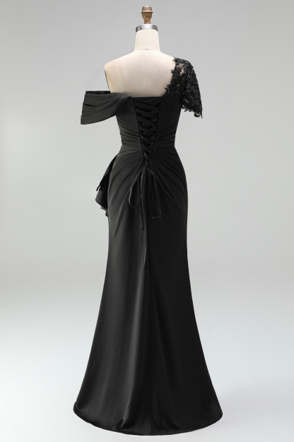 Maxi Black Sheath One Shoulder Ruched Mother of the Bride Dress with Appliques