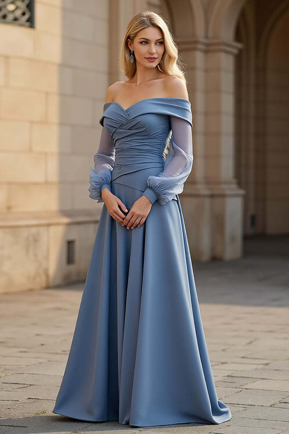 Leely Women Dusty Blue Maxi A Line Mother of the Bride Dress Satin Long Sleeves Ruched Off the Shoulder Wedding Guest Dress