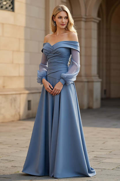 Leely Women Dusty Blue Maxi A Line Mother of the Bride Dress Satin Long Sleeves Ruched Off the Shoulder Wedding Guest Dress