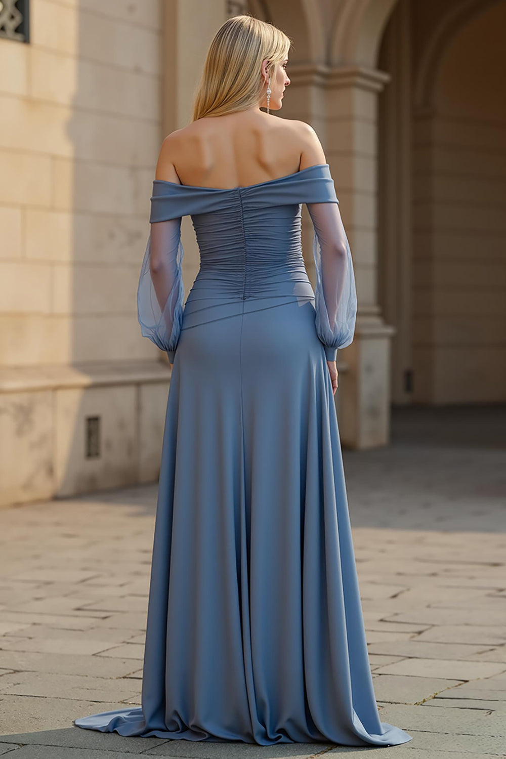 A Line Dusty Blue Satin Ruched Mother of the Bride Dress with Sleeves