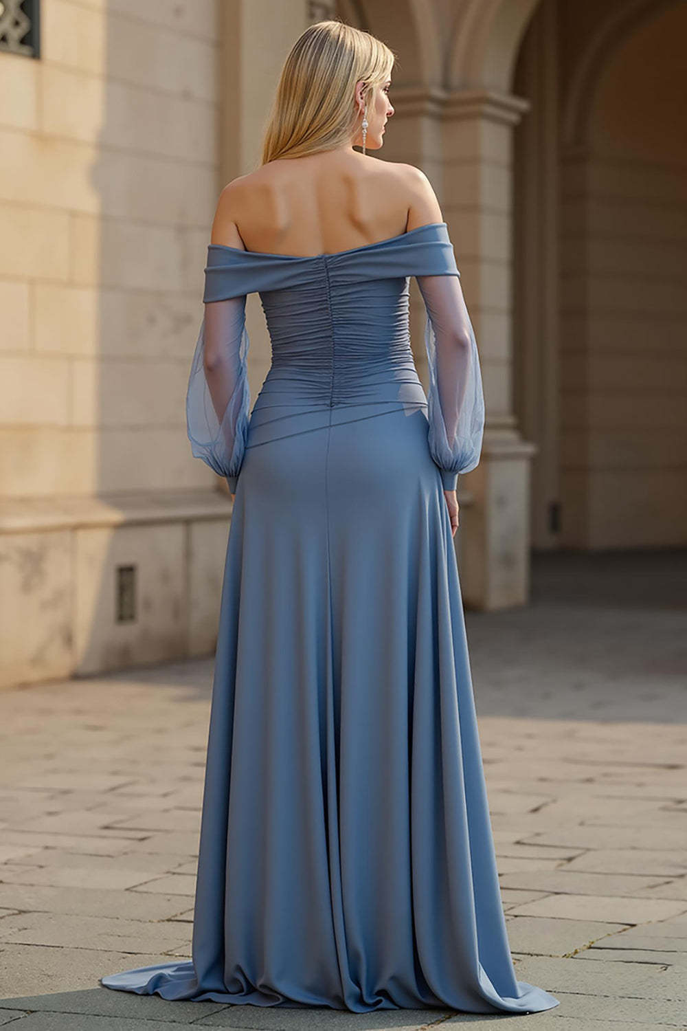 A Line Dusty Blue Satin Ruched Mother of the Bride Dress with Sleeves