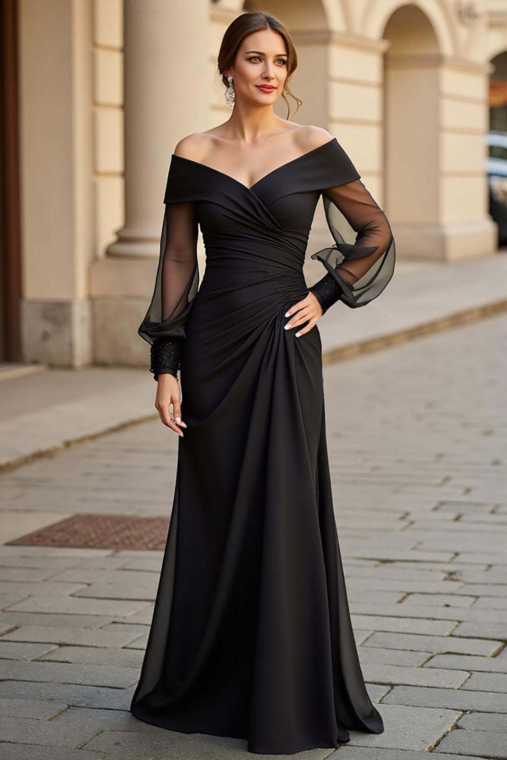 Leely Women Black Maxi A Line Mother of the Bride Dress Long Sleeves Off the Shoulder Ruched V-Neck Wedding Guest Dress