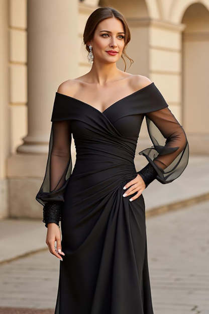 Maxi A Line Black Off the Shoulder Mother of the Bride Dress with Sleeves