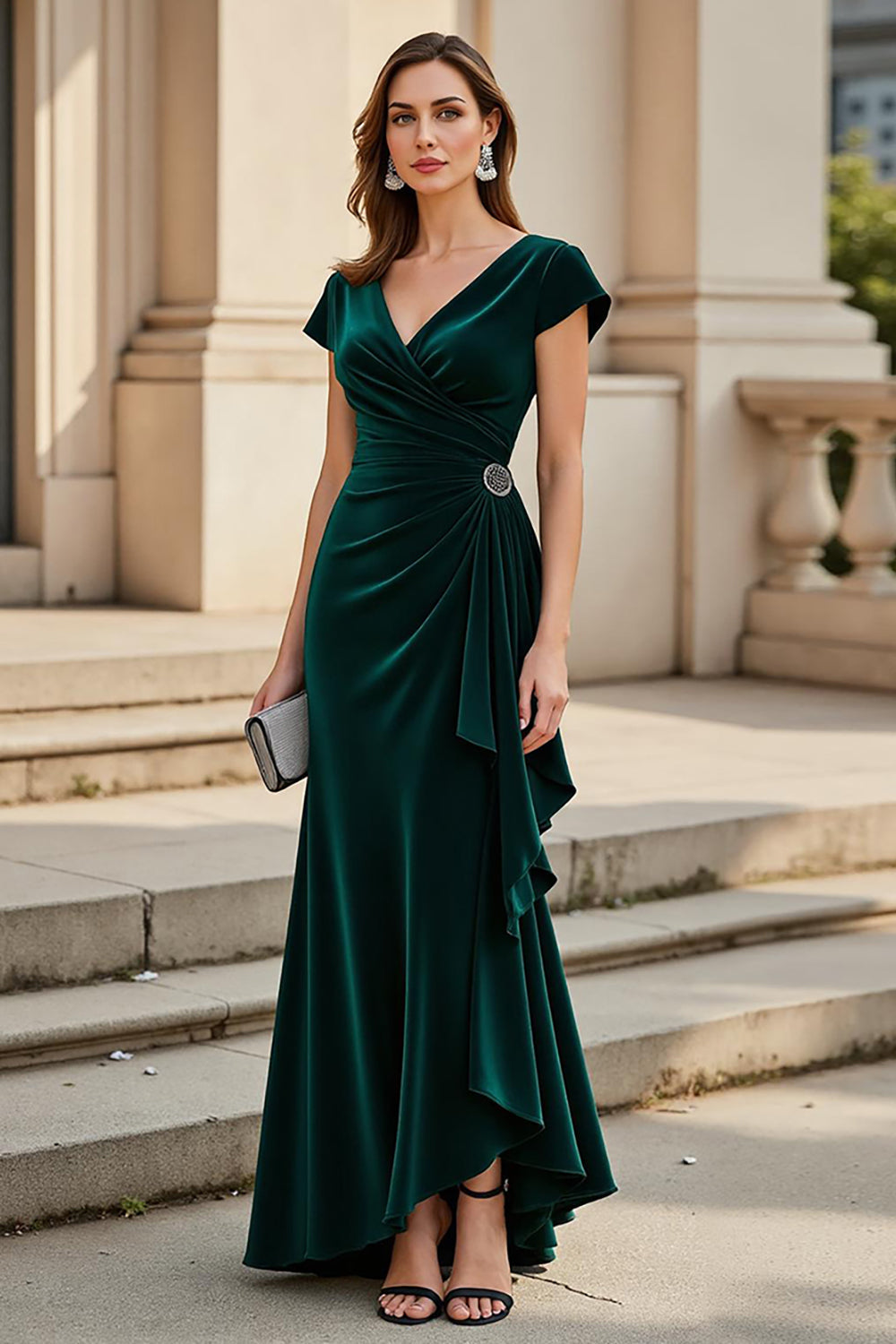 Leely Women Pine Velvet Maxi Mermaid Mother of the Bride Dress with Ruffles V-Neck Ruched Wedding Guest Dress with Sleeves