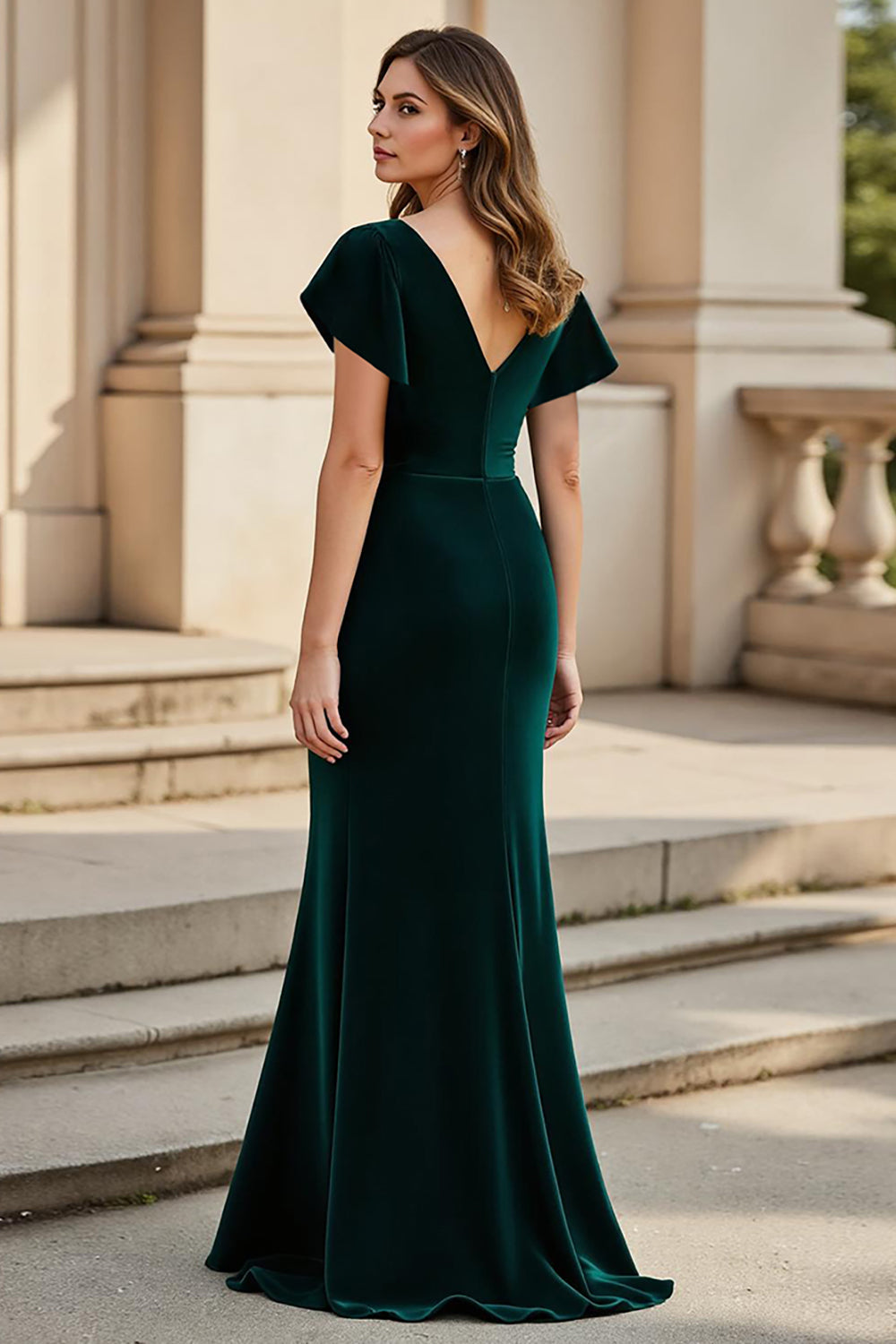 Velvet Pine V-Neck Ruched Maxi Mother of the Bride Dress with Ruffles