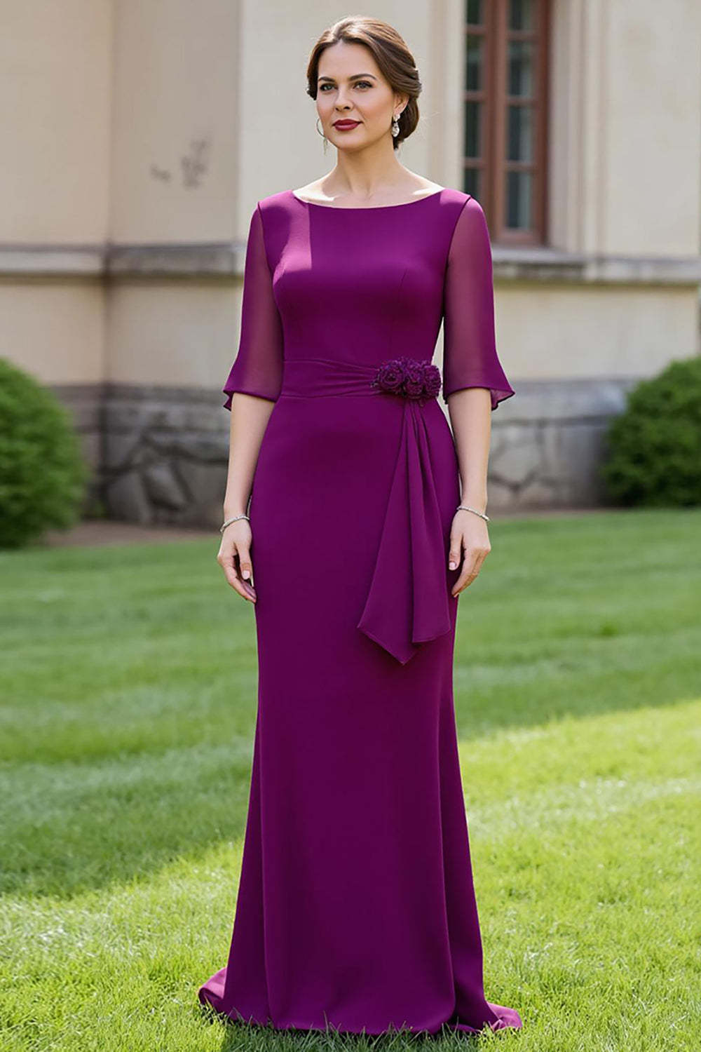 Leely Women Grape Floral Maxi Mother of the Bride Dress Boat Neck Mermaid Ruffled Wedding Guest Dress with Sleeves