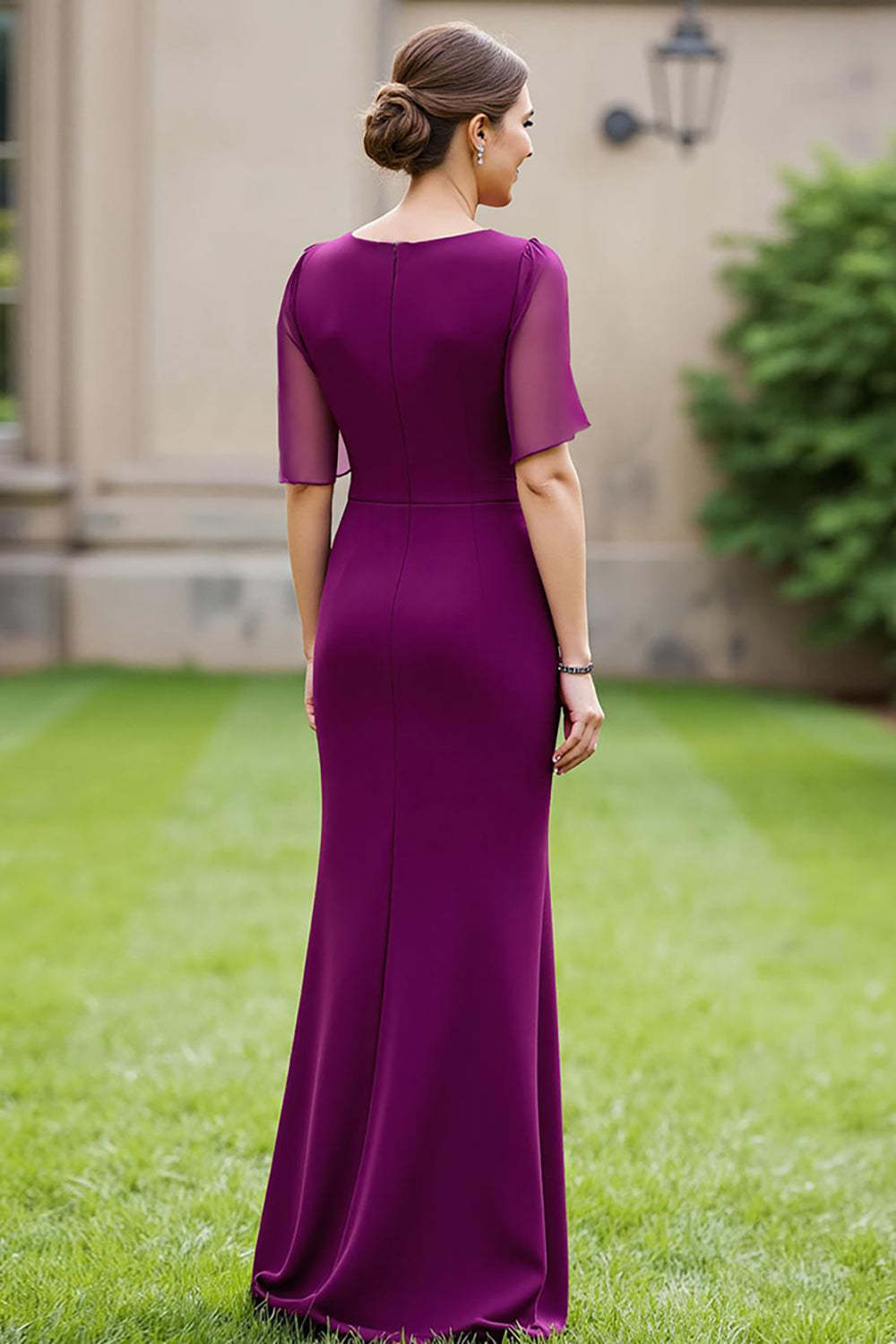 Grape Floral Boat Neck Mermaid Maxi Mother of the Bride Dress with Sleeves