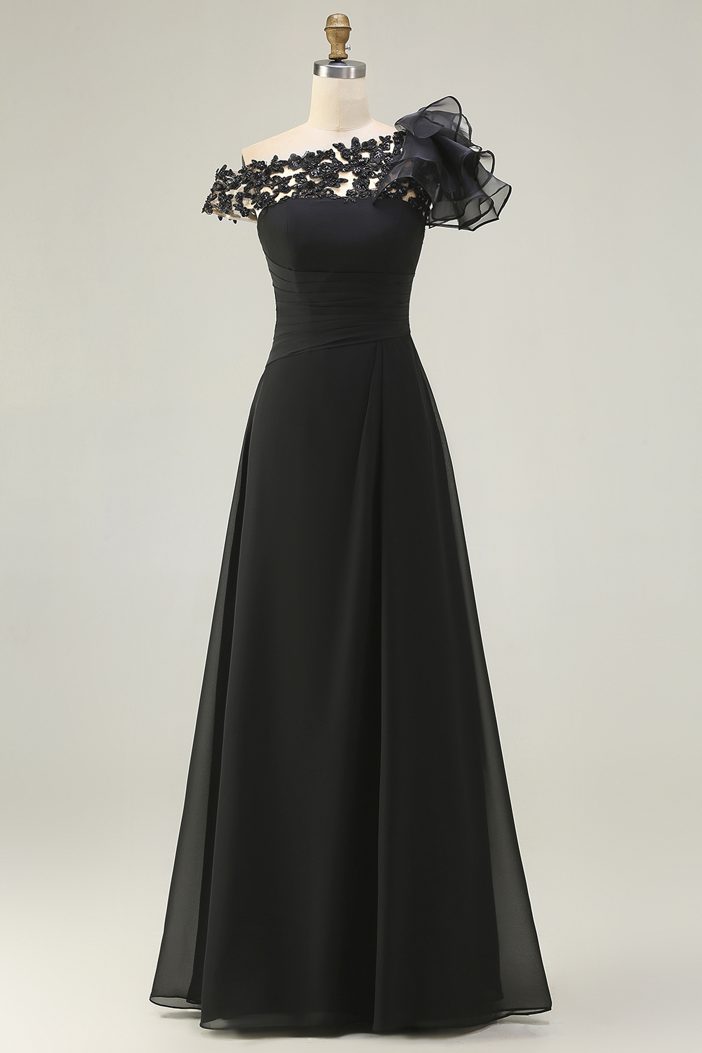 Black Chiffon Ruffled One Shoulder Maxi Mother of the Bride Dress with Lace