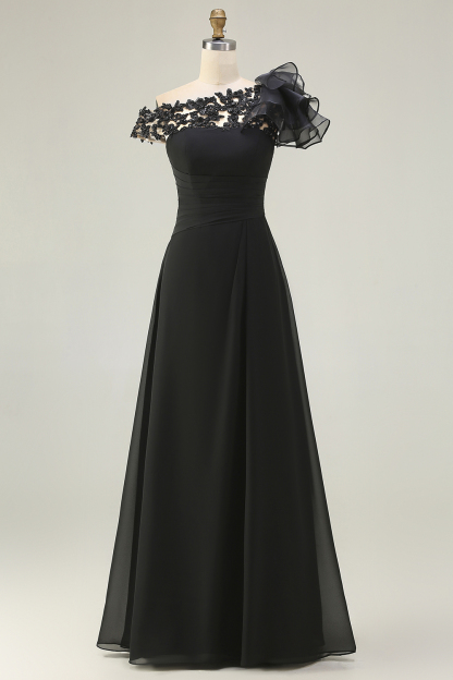 Black Chiffon Ruffled One Shoulder Maxi Mother of the Bride Dress with Lace