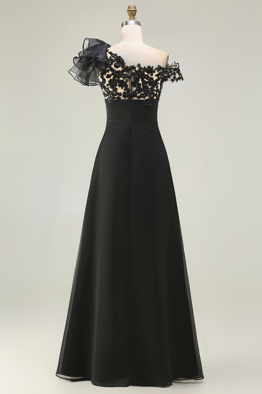 Black Chiffon Ruffled One Shoulder Maxi Mother of the Bride Dress with Lace