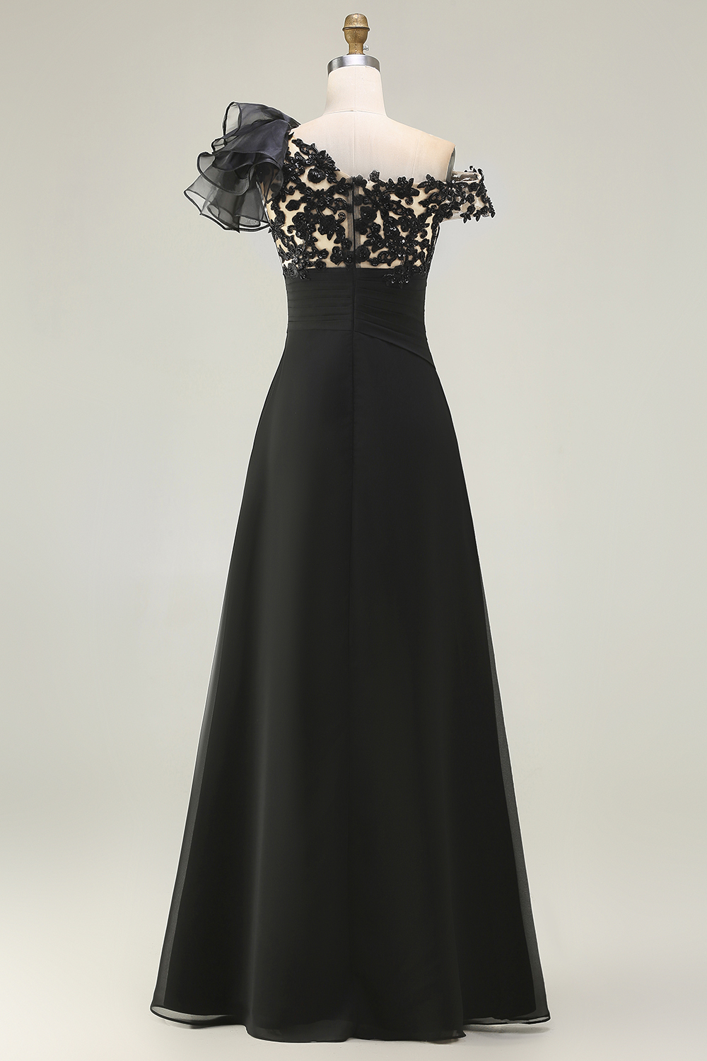 Black Chiffon Ruffled One Shoulder Maxi Mother of the Bride Dress with Lace