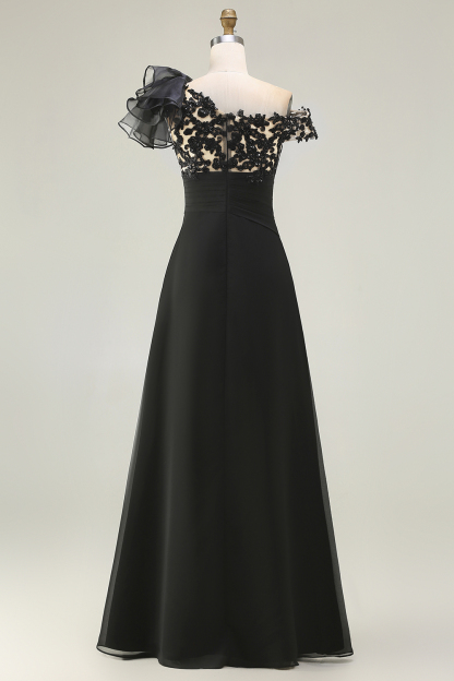 Black Chiffon Ruffled One Shoulder Maxi Mother of the Bride Dress with Lace