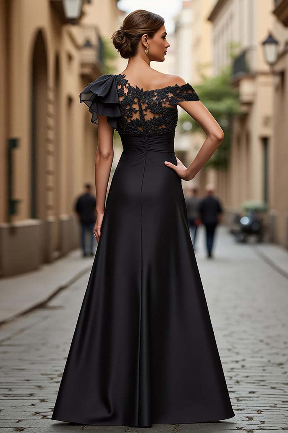 Black Chiffon Ruffled One Shoulder Maxi Mother of the Bride Dress with Lace