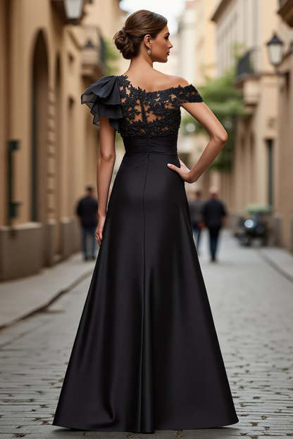 Black Chiffon Ruffled One Shoulder Maxi Mother of the Bride Dress with Lace