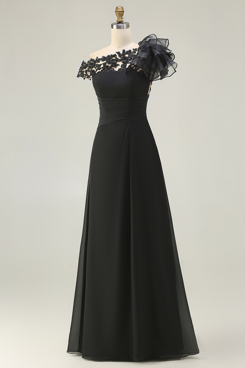 Black Ruffled One Shoulder Long Chiffon Mother of the Bride Dress with Lace